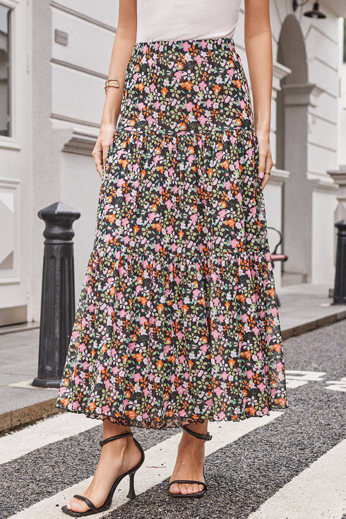 Reversible Leopard Floral Ruffle Hem Southern Maxi Skirt